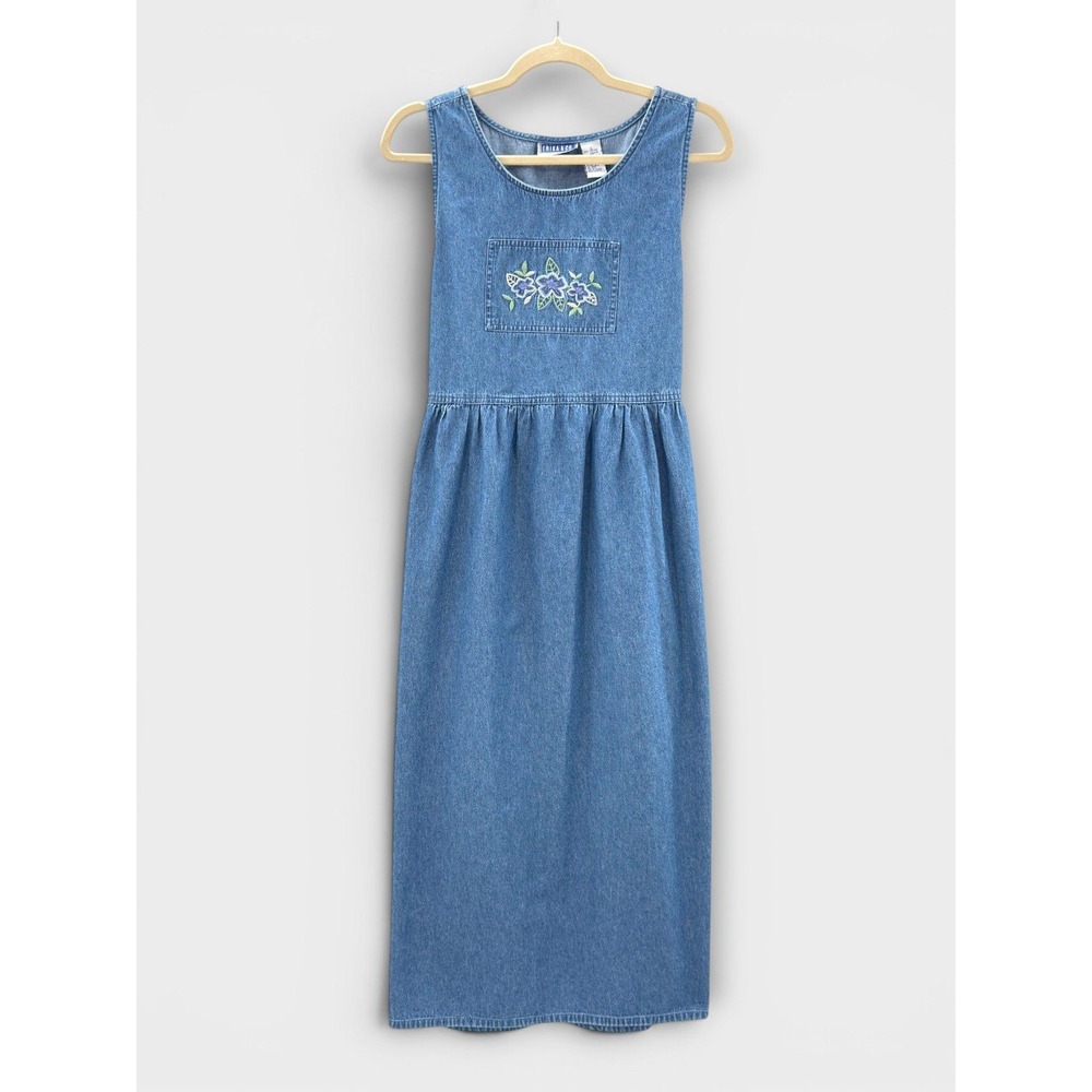 Vintage Erika & Co Denim Midi Dress Embroidered Floral Size L Artsy